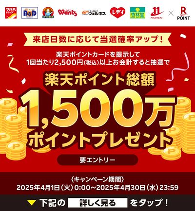 楽天ポイント総額1,500万ポイントプレゼント!来店日数に応じて当選確率アップ!