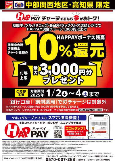 店頭HAPPAYチャージで最大3,000円分のHAPPAYボーナスがもらえる!!