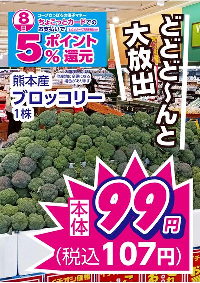 3/8限りブロッコリー大放出!! ちょこっとカードでのお支払いでお買上金額の5%ポイント還元!!