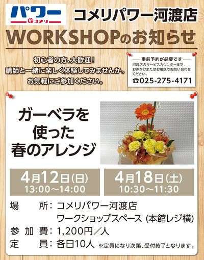 〈コメリパワー河渡店〉ワークショップのお知らせ~4月ガーベラを使った春のアレンジ~