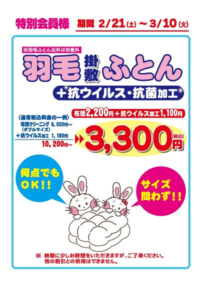 抗ウィルス抗菌加工付き羽毛セール