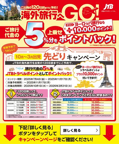 【先どりキャンペーン】早期予約で旅行代金の5%分をポイントバック!ヨーロッパ旅行ならさらにプラス♪