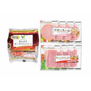 ●特級あらびきポークウインナー90g×2 ●ロースハム4連37g×4 ●ハーフベーコン4連35g×4