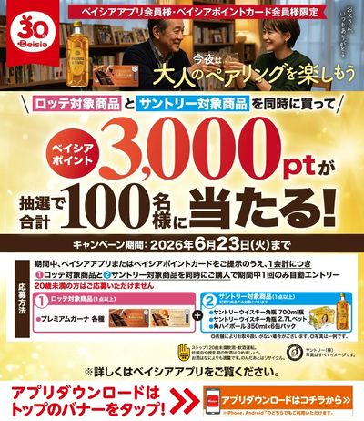 ベイシアアプリ・ポイントカード会員様限定 ロッテ・サントリー対象商品同時購入で抽選でポイント当る!