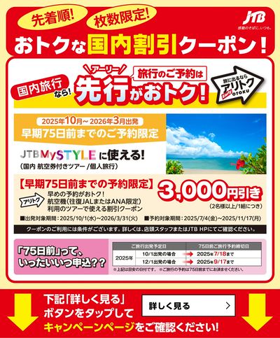 【割引クーポン】早めの予約がお得!航空機利用ツアーで使える国内割引クーポン♪
